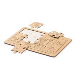 A jigsaw puzzle in natural wood finish with several pieces being assembled, featuring playful illustrations.