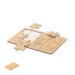 A wooden jigsaw puzzle featuring an illustrated scene with pieces in a tan colour. One piece is set aside.