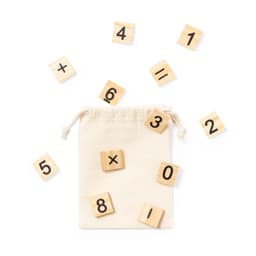 A canvas bag with a drawstring, surrounded by wooden tiles featuring numbers and math symbols.