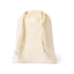 A cream drawstring bag made from natural fabric, featuring two cords for closure.