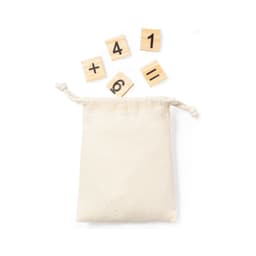 A beige fabric bag with wooden tiles featuring numbers and symbols scattered around it.