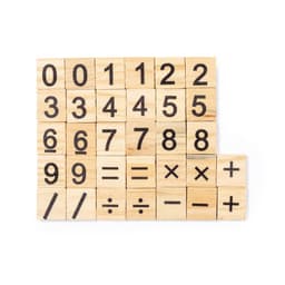 A set of wooden blocks featuring numbers and mathematical symbols in black on a natural wood background.