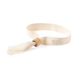 A cream fabric strap with a wooden ring, featuring a logo. The strap has a simple, minimalist design.