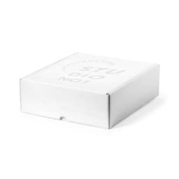 A white gift box with a simple design, featuring branding on the top surface.