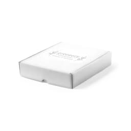 A white gift box featuring subtle branding, showcasing a clean and minimalist design.