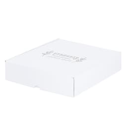 A white gift box featuring a simple design and a logo, suitable for packaging items.