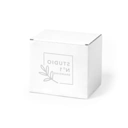 A white gift box with a simple design and a logo or branding element on the side.