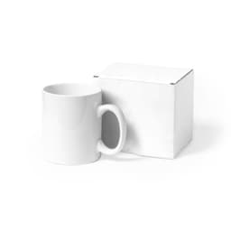 A white mug next to a plain white packaging box, featuring a simple design and branding.