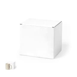 A white gift box containing a beige mug, ideal for packaging. The box is plain and features a logo.