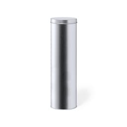 A cylindrical silver tin with a lid, designed for packaging writing instruments.
