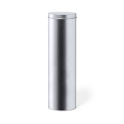 A silver cylindrical tin container with a lid, designed for packaging writing instruments.