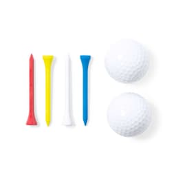 Four golf tees in red, yellow, white, and blue alongside two white golf balls. The image includes a logo.