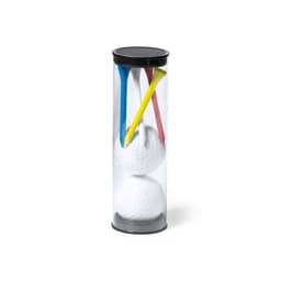 A clear cylindrical container holding two white golf balls and three assorted coloured tees in yellow, red, and blue.