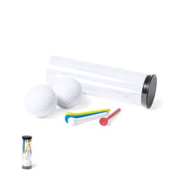 A clear cylindrical container with two white golf balls and various coloured tees in red, blue, and yellow.