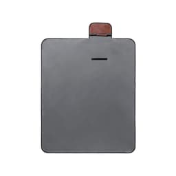 A grey picnic rug with a leather handle and a pocket. It features a simple, minimalist design.
