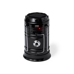 A black power bank designed like a lantern, featuring a solar panel on top and a USB port. It has a sturdy handle.