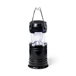 A solar-powered lantern in black with a clear housing, featuring a hanging handle and a bright light source.