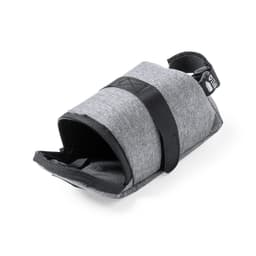 A grey fabric bag with a black strap, featuring a zippered opening and a textured design.