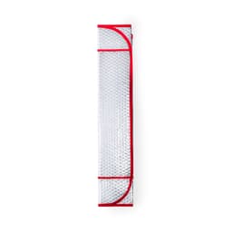 A sunshade in silver with red edges, packaged in a rolled form. It features a logo on the exterior.