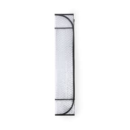 A silver sunshade with a black trim, featuring a compact design for easy storage. The product includes a branding logo.