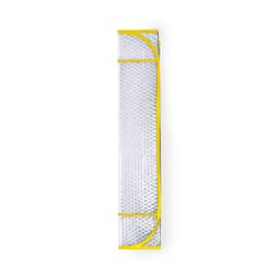 A silver sunshade with yellow accents, featuring a bubble wrap design and a branding logo.