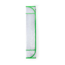 A sunshade featuring a reflective silver surface with green accents, designed for outdoor leisure activities.