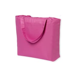A pink tote bag with two handles and a simple design, featuring a logo.