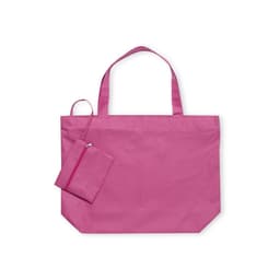 A pink tote bag with two long handles, accompanied by a smaller pouch in the same colour.