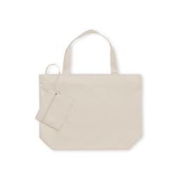 A beige tote bag with two handles and a matching detachable pouch. It features a logo on the surface.