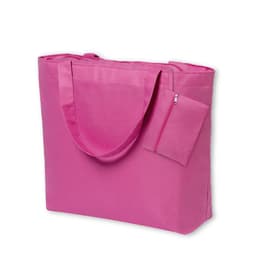 A pink tote bag with a zipper pocket and two long handles. The bag has a simple design and features a logo.