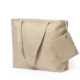 A beige fabric bag with a zip closure and a smaller matching pouch attached. It has a branding logo.