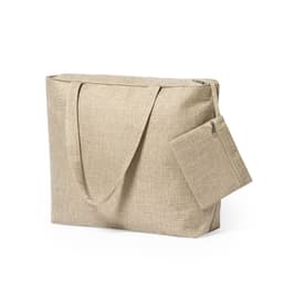 A beige bag with a textured finish and a small zippered pouch attached. It features long handles for carrying.