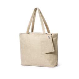 A beige tote bag with two handles and a zippered pocket on the side, featuring a logo.