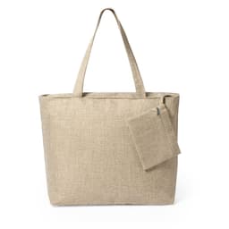 A beige tote bag with two handles and a detachable zippered pouch. The bag has a simple, textured design and a logo.