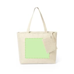 A beige tote bag with two sturdy handles and a small zippered pouch attached. It has a blank area for branding.