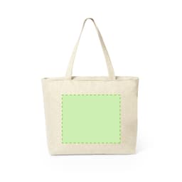 A natural-coloured tote bag with two handles and a blank rectangular area for customisation.
