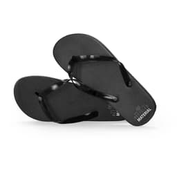 Black thongs with textured soles and black straps. The footwear features a branding logo on one side.