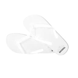 A pair of white thongs made from recycled material, featuring a simple design and a logo.