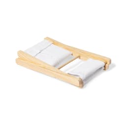 A wooden headrest with white fabric cushions, ideal for home relaxation. It features a simple, natural design.