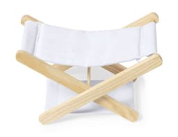 A compact headrest with a white fabric and wooden frame, featuring a crossed design for storage.