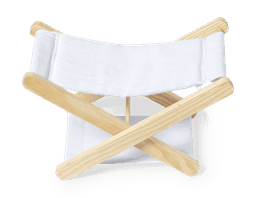 A compact headrest with a white fabric middle and natural wood frame, featuring crossed wooden supports.