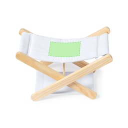 A wooden headrest with a white fabric backing, featuring a blank green area, crossed support structure.