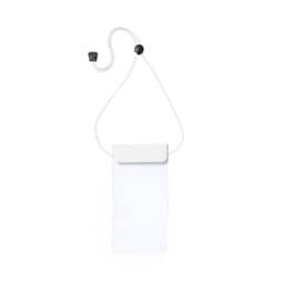 A white dry bag with a clear body and a fastening top, featuring an adjustable strap. It has a branding logo.