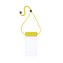 A white dry bag with a yellow strap and closure, featuring a branding logo on the front.