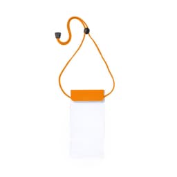 A dry bag with an orange strap and a clear body, featuring a closure mechanism at the top.