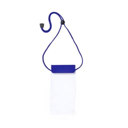 A white dry bag with a blue strap and toggle closure, featuring a simple design and a branding logo.