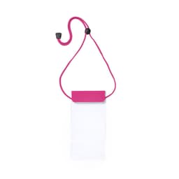 A white dry bag with a pink strap and closure, featuring a logo on the front.