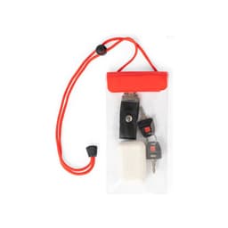 A clear dry bag with a red top, containing keys and a small item, secured with a matching red strap.