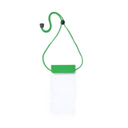 A transparent dry bag with a green closure and strap, designed for waterproof protection.