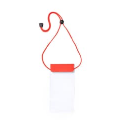 A dry bag in white with a red strap and closure, designed for outdoor use. It features a logo on the front.